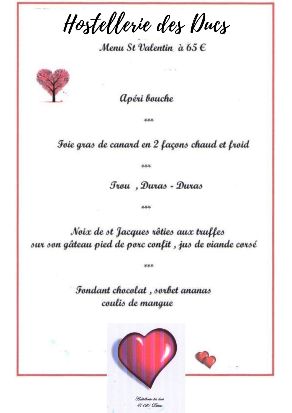 Hostellerie Ducs menu St Valentin